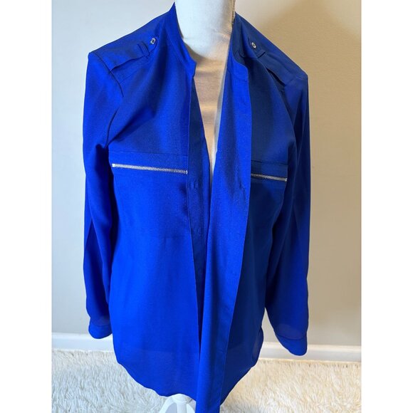 Calvin Klein Womens Royal Blue Sheer Button-Down Blouse Size L - Picture 1 of 3